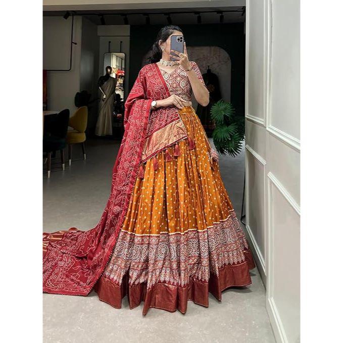 Woman's Perfectly  Collection Tussar Silk Lehenga Choli Patola Print with Foil Work ,Unstiched Blouse,
