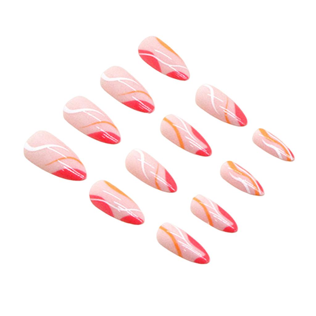 Pink & Rose Red Wave Printed Almond False Manicure Ultra-flexible Long Lasting Fake Nails for Women and Girl Nail Salon