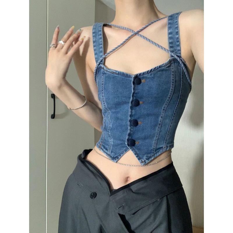 Women's Spicy Girl Denim Crop Top & Slim Fit Straight Leg Jeans – Chic Summer Design