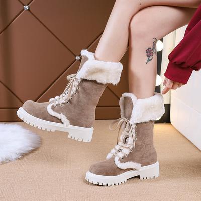 Buty śnieżne dla kobiet z grubym futrem i pluszem Jesień i zima Nowy styl Płaskie dno Średniej tuby Okrągły nosek Buty bawełniane dla kobiet