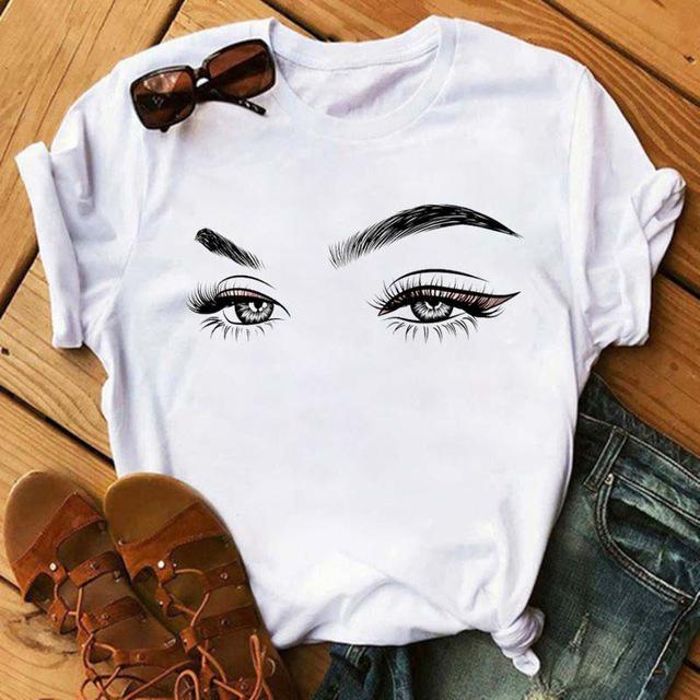 2025 Spring Women's Hand-painted Cartoon Eyelash T-shirt