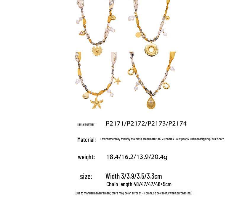 Qiong Yao Multi-Pendant Pearl Silk Scarf Necklace with Stainless Steel Clavicle Chain
