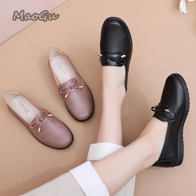 Fashion Spring Autumn Bow Mom's Flat Loafers Soft Sole PU Leather Shoes for Women Slip on Comfortable Casual Shoes Grandma Gift Loafers