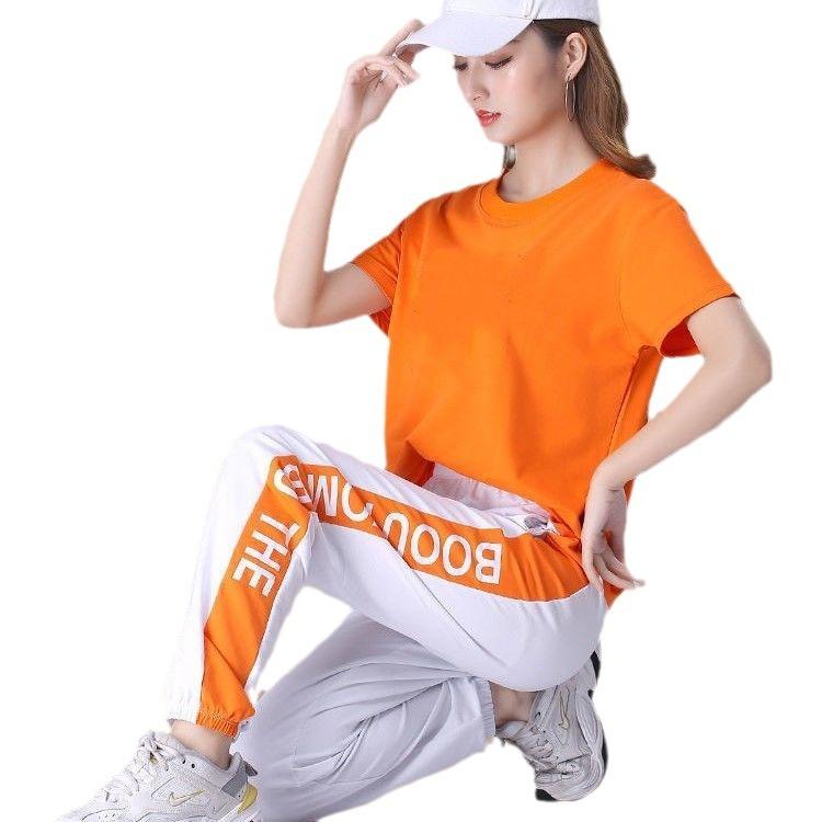 Summer new running refreshing and comfortable solid color sportswear crew neck design women's fashion simple two-piece set