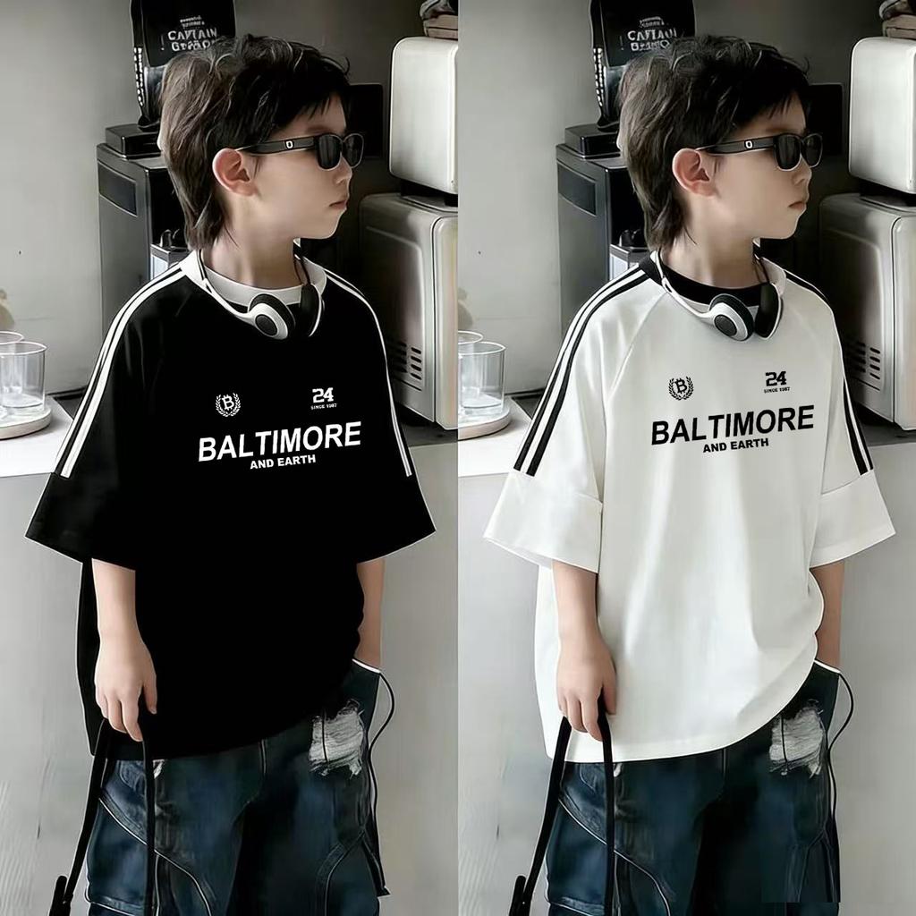 Summer Boys Cotton Short Sleeve T Shirt Medium Large Kids Three Stripes Sporty Half Sleeve Top Trendy Handsome Children Clothing