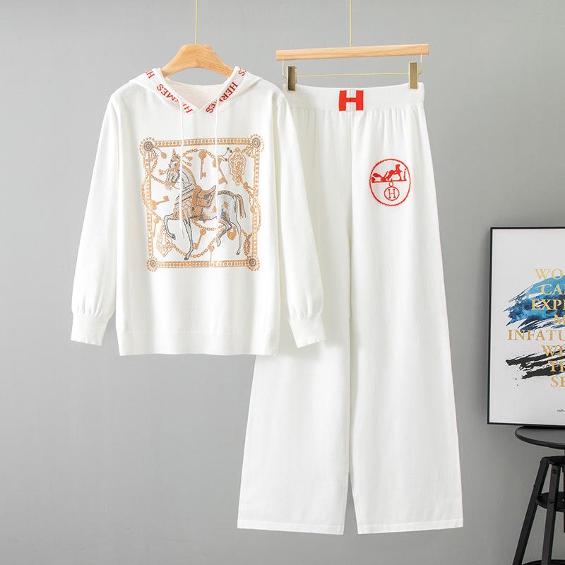 

European & American Fashion Hooded Knit Set: Autumn/Winter Ladies Loose Wide-Leg Pants Two-Piece with Trendy Rhinestone Details One Size білий