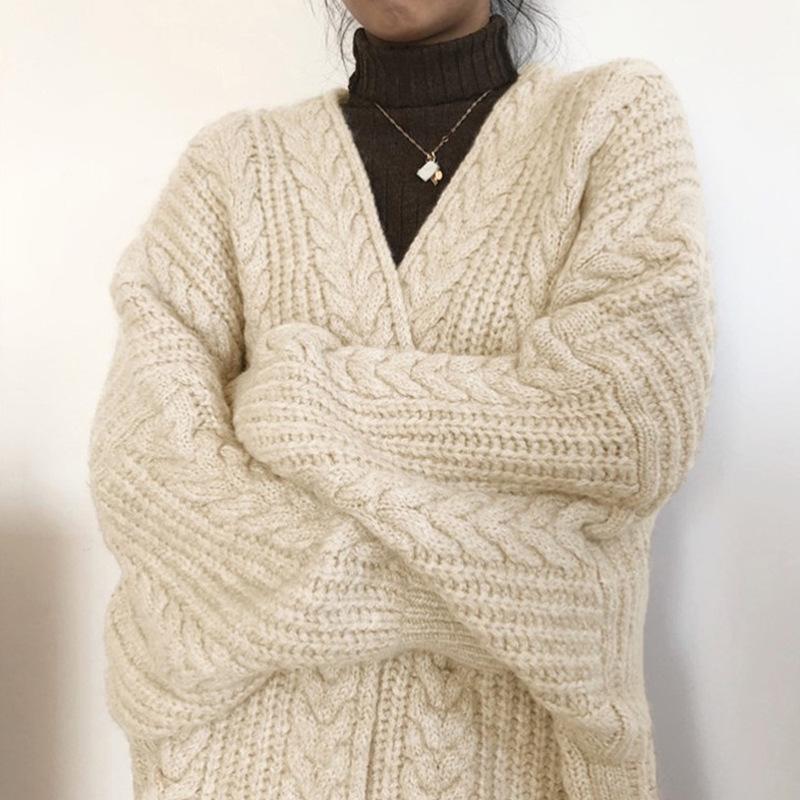 Dames Retro Losse Kabelgebreide Cardigan Trui Jas - Herfst/Winter 2021