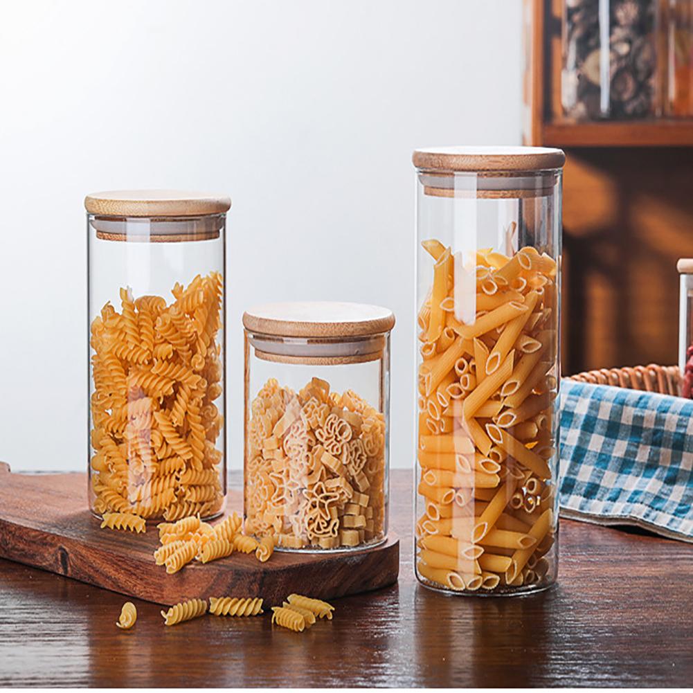 4PCS Glass Airtight Storage Jar Set, Clear Jars with Bamboo Lids, Ideal for Storing Nuts,Candy,Spices,Pasta,Coffee and Snacks, Birthday Holiday Gift