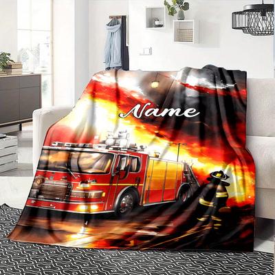 Firefighter Fire Truck Scene Blanket With Customizable Name Four Seasons Comfortable Shawl Blanket Suitable For Home Travel Camping Office Decoration
