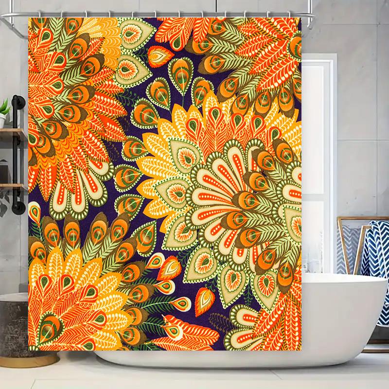 

Decorative Shower Curtain With Colorful Mandala Design For Bathroom Decor Orange, Green, Yellow, Red Patterns On Navy Blue Backg W60H190(CM)-1 Pcs