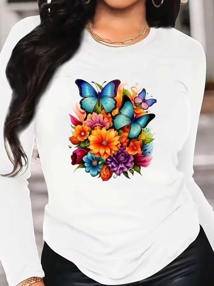 (Asian Size) Tee o-neck Print autumn winter spring Women Clothing butterfly 90s trend Casual Long Sleeve T Shirt Fashion Top Graphic T-shirts