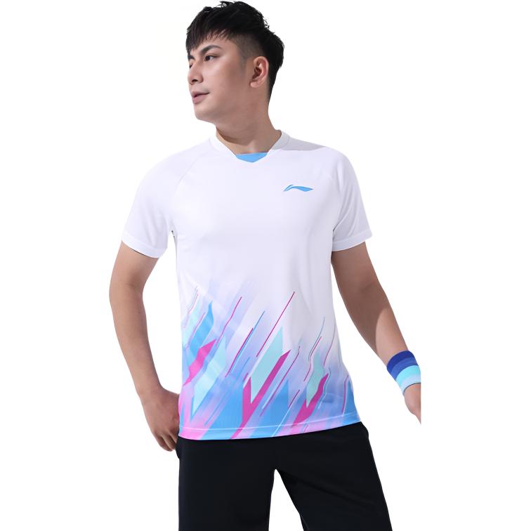 Li Ning Sports Comfortable Training Fitness Logo Short Sleeve Badminton Shirt Men Tops Deep-Navy-Blue AAYT537-1