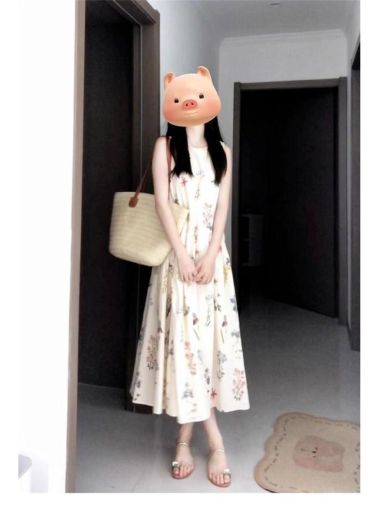 French Floral Sleeveless Round Neck Dress - Loose, Slimming Vacation Style for Female Students