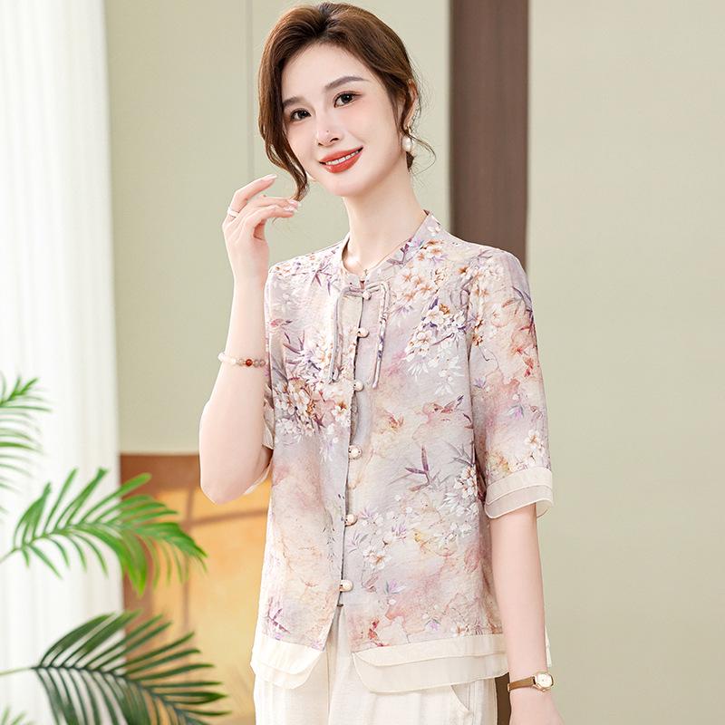 

Women s Elegant Short-Sleeved Blouse - 2026 Summer New Chinese Style for Middle-Aged Mothers 4XL (recommended 135-150 lbs) фиолетовый