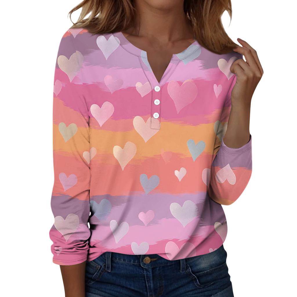 Damen T-Shirt mit Weihnachtsdruck, Knopfleiste, lange Ärmel, für den Alltag, Wochenende, modisch, Basic, V-Ausschnitt, normales Oberteil