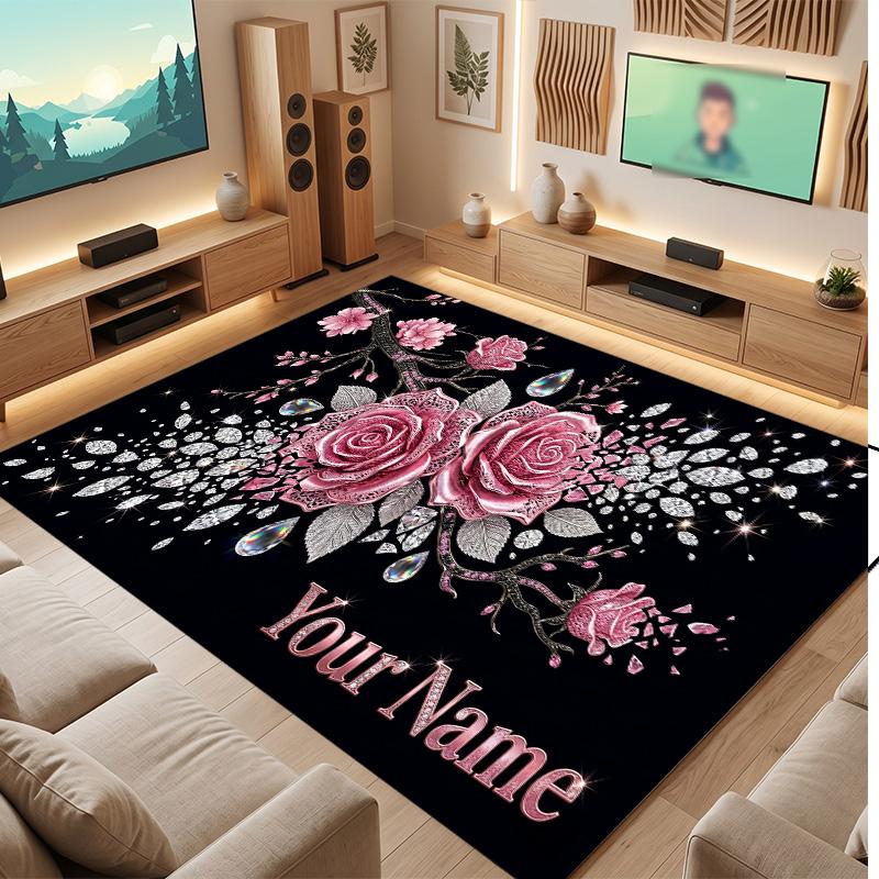 Floral Garden Theme Soft Crystal Velvet Rug Custom Name & Text Print Non Slip Floor Rug for Bedroom Living Room