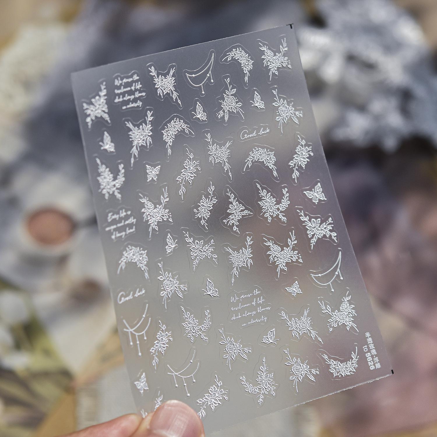 Tomoni Exquisite Retro Rose Embossed Nail Art Stickers - Semi-Transparent Decorative Nail Stickers