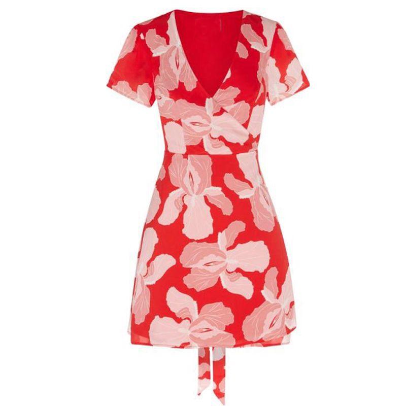Chiffon Print Dress Fashion European and American Style Model Street Shooting Women's Summer Silm V-neck Belt Short Sleeve Red Flower Skirt