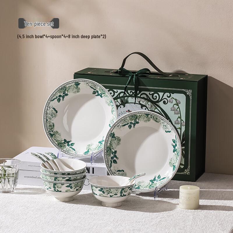 Aiqiyi Green Flower Blue & White Porcelain Dinnerware Set