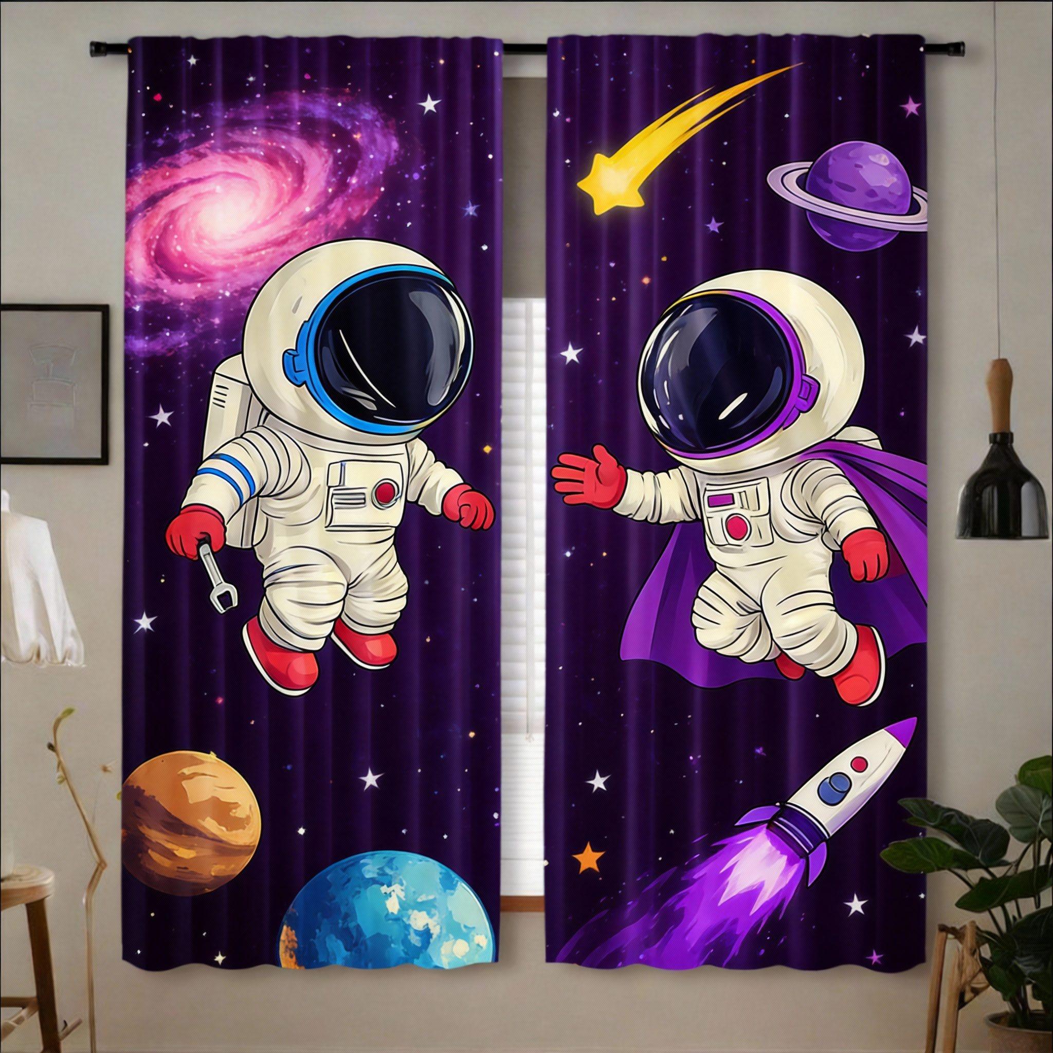 Superhero Astronaut Curtains 2pcs – Cosmic Adventure with Stars, Planets & Rocket, Boys Room Window Decor 60×150cm
