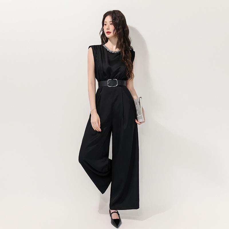 

Professional Black Sleeveless Slim Wide-Leg Jumpsuit with Belt S