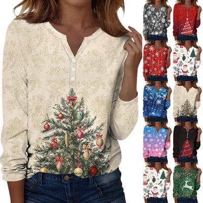 Women's T Shirt Tee Christmas Print Button Long Sleeve Daily Weekend Fashion Basic V- Neck Regular Top