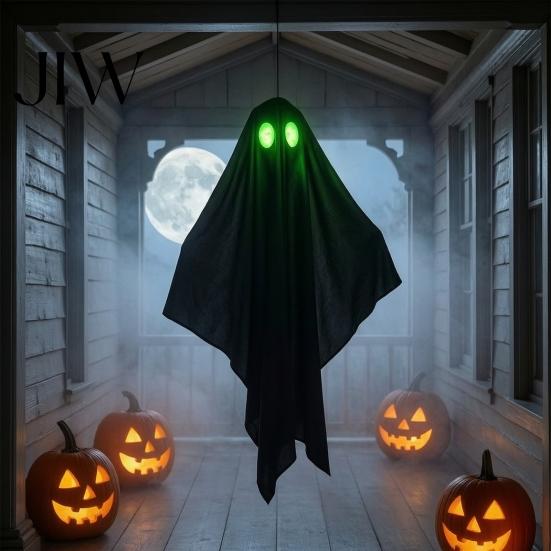 Outdoor Hanging Ghost Halloween Decoration, Spooky Black Fabric with Green Hallway Decor Eyes for Outside Tree, Porch, Yard, Lawn, Haunted House
