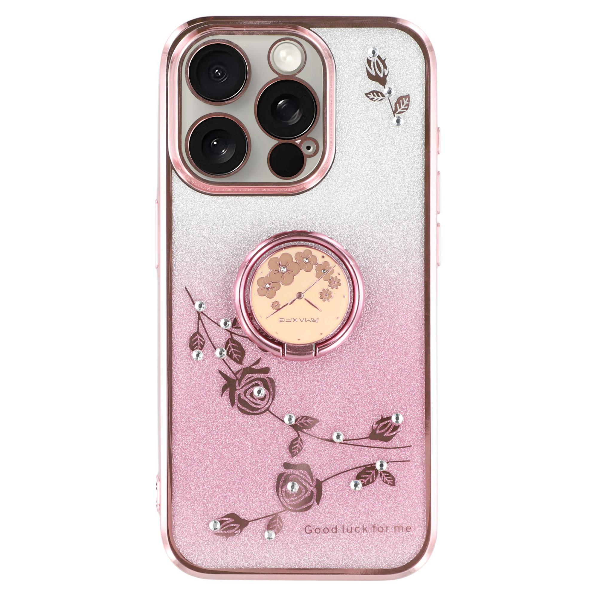 

KADEM For iPhone 14 Pro Max Glitter Flower Pattern Cellphone Case with Ring Kickstand TPU Anti-collision Cover Rose Gold