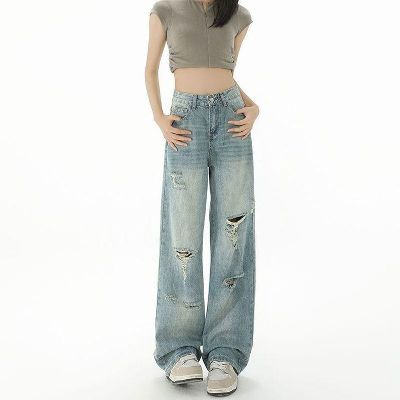 Comfortable Broken Jeans Women's Thin Washed Designed Sense High Waisted Slim Dragged Wide Legged Pants Long Pants Jeans for Women Long Denim Pants