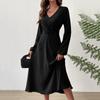 Women's Fashion Casual Solid Color V-neck Twisted Long-sleeve Dress