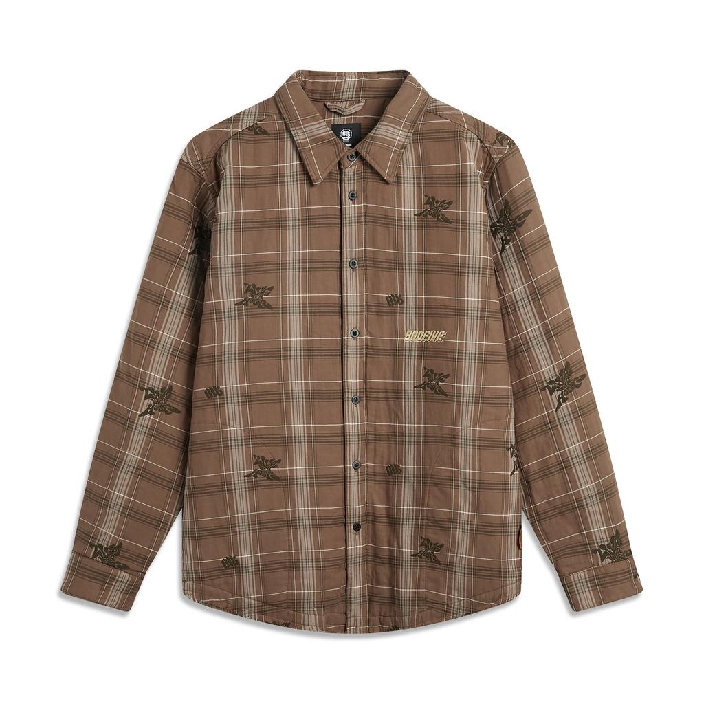 Li Ning Basketball Series Fan Wu Series Full Print Checkered Single Row Button Down Short Cotton Jacket Men Jackets Brown AJMU127-3