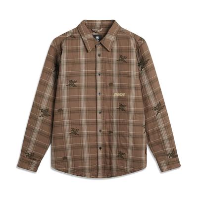 Li Ning Série Basketball Série Fan Wu Imprimé Intégral Carreaux Veste Courte en Coton à Boutonnage Simple Rangée Homme Vestes Marron AJMU127-3