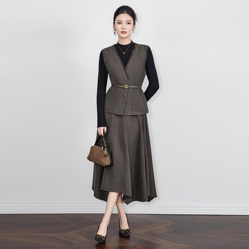 Elegant Waist-Cinched V-Neck Vest + Skirt Two-Piece Set for Women - Autumn/Winter New Arrival