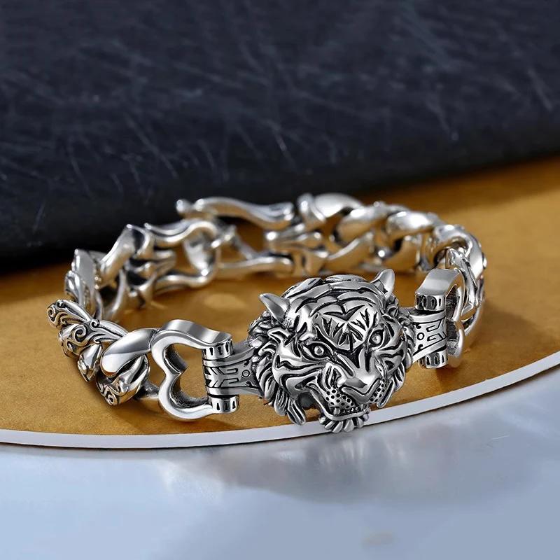 Unique Chinese Style Bangles Domineering Thick Chain Tiger Head Charm Bracelet For Men Manly Banquet Jewelry