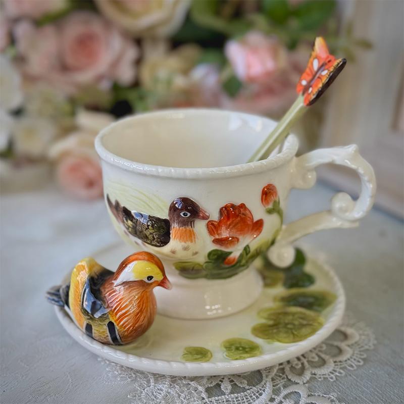 

270ML Bird and Butterfly Orchid Ceramic Coffee Cup and Saucer with Relief Flowers Exquisite Mug for Afternoon Tea and Flower Tea 270ml
