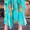 Women Dress Multi-layered Hem Lace-up Slim Waist Colorful Printing Maxi Dress Mid Sleeve V Neck Vacation Party Dress