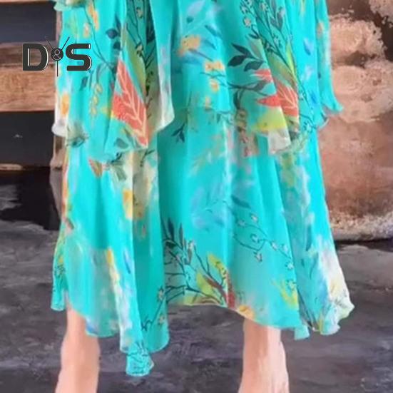 Women Dress Multi-layered Hem Lace-up Slim Waist Colorful Printing Maxi Dress Mid Sleeve V Neck Vacation Party Dress