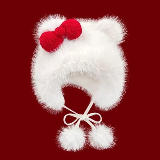 Plush Hat Bowknot Decor Thermal Warm Winter Hat Plush Fabric Adjustable Fit Cat Hat Cold Weather Headwear