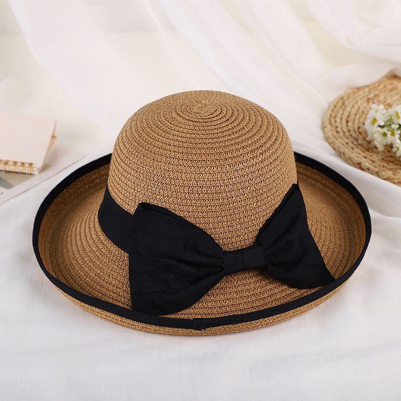 Star bow curled straw hat women's summer versatile travel visor elegant beach sunscreen hat