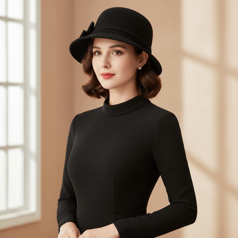 Filz Woll Eimerhut Schleife Trauerkappe Exquisiter Schwarzer Zylinderhut Damen