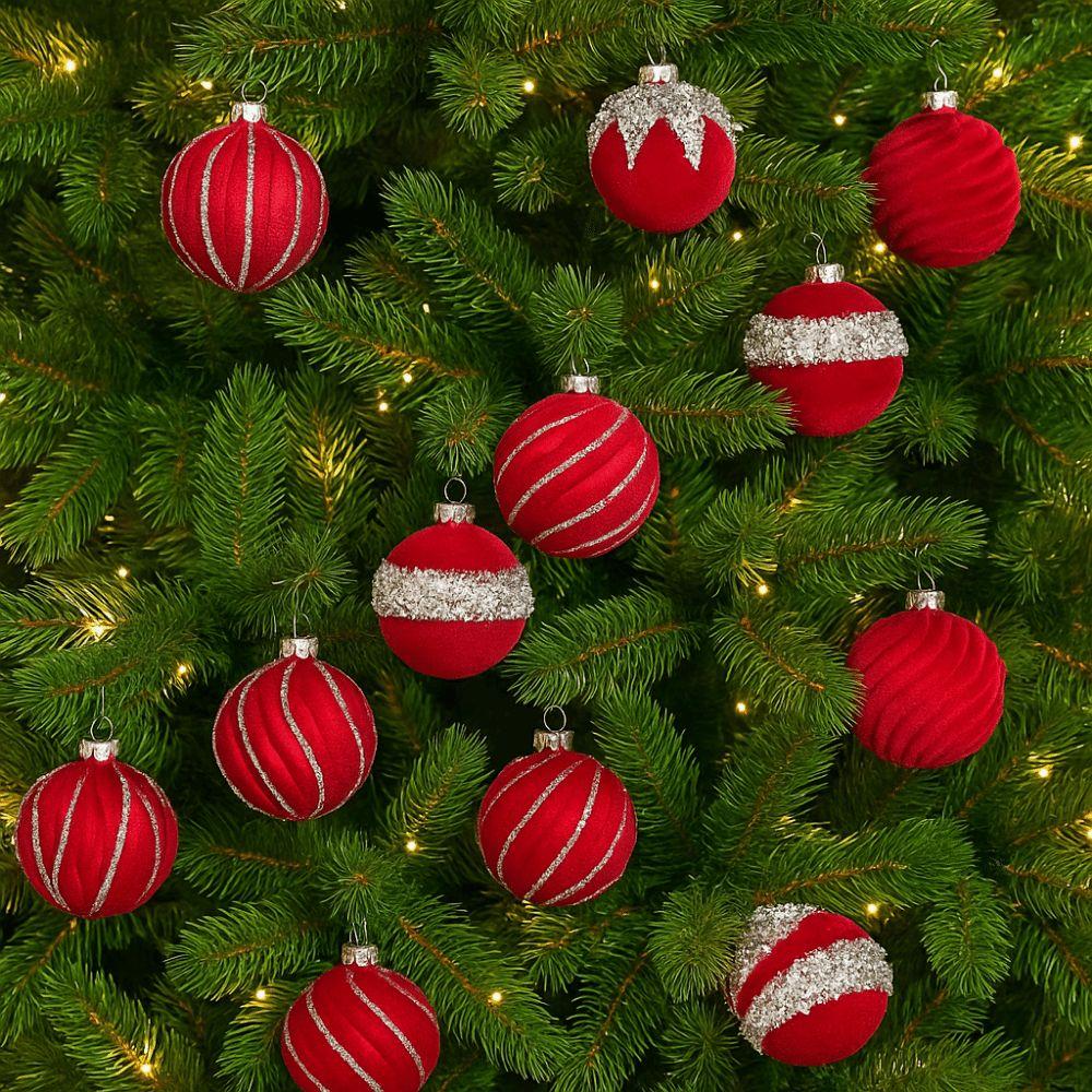 16Pcs Shiny Flocking Christmas Ball Creative Xmas Tree Hanging Pendants Party Decorations