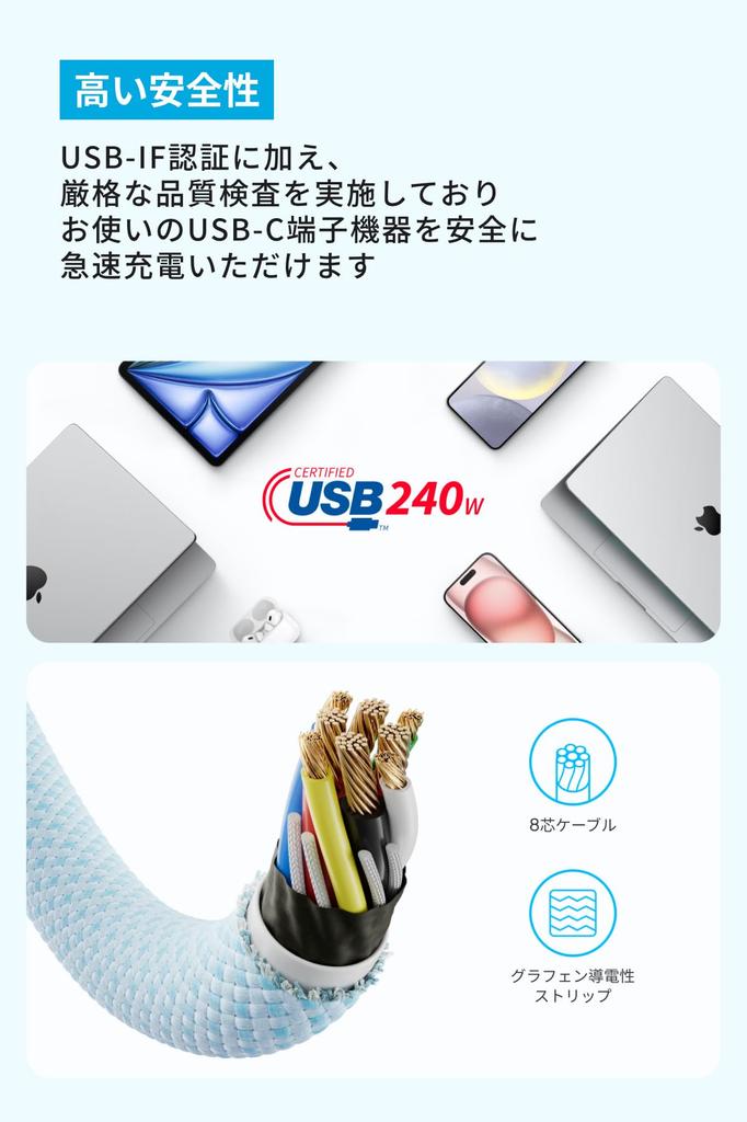 Anker Zolo to Cable White Compatible with iPhone iPad MacBook and various other USB-C USB-C (240W, High-Durability Nylon) 1.8m - 17/16/15, Galaxy,
