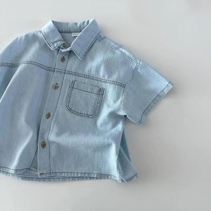 Korean Version Short Sleeved Denim Shirt Shorts Set Boys Girls Summer Fashionable Two Piece Set