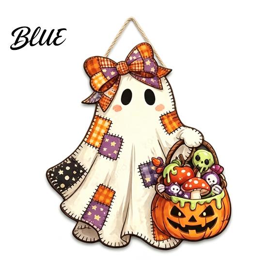 Retro Halloween Decoration Cute Bow Ghost Door Sign Wooden Patchwork Hanging Plaque with Pumpkin Candy Basket Indoor Entrance Hanger Wall