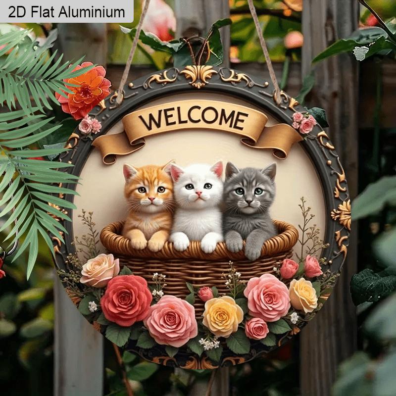 2D Flat Aluminum Welcome Sign Round Metal Sign with Cute, Rustic Farmhouse Spring Summer Porch Wall Hanging for Cat Lovers, Pre-Drilled Holes for