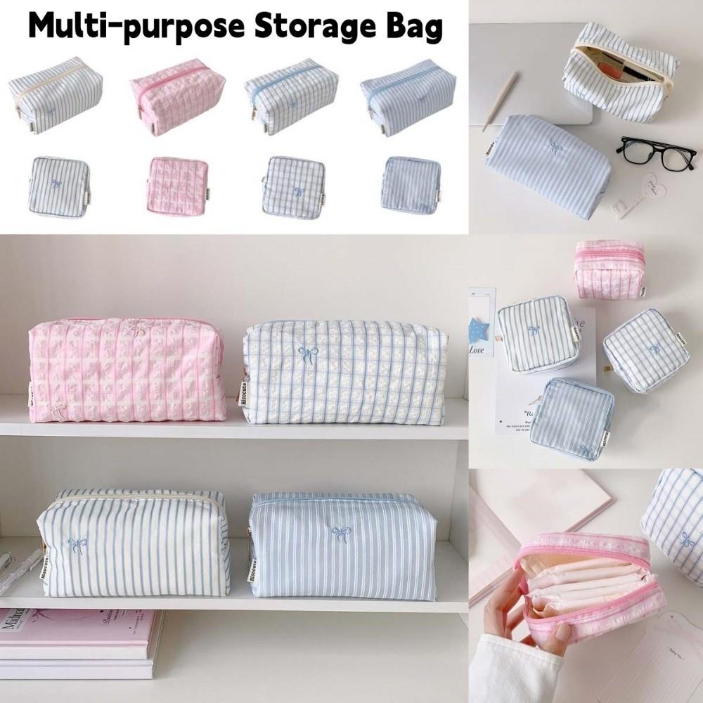 Bow Striped Grid Pattern Toiletry Pouch Korean Style Cloth Portable Beauty Case Vacation Travel