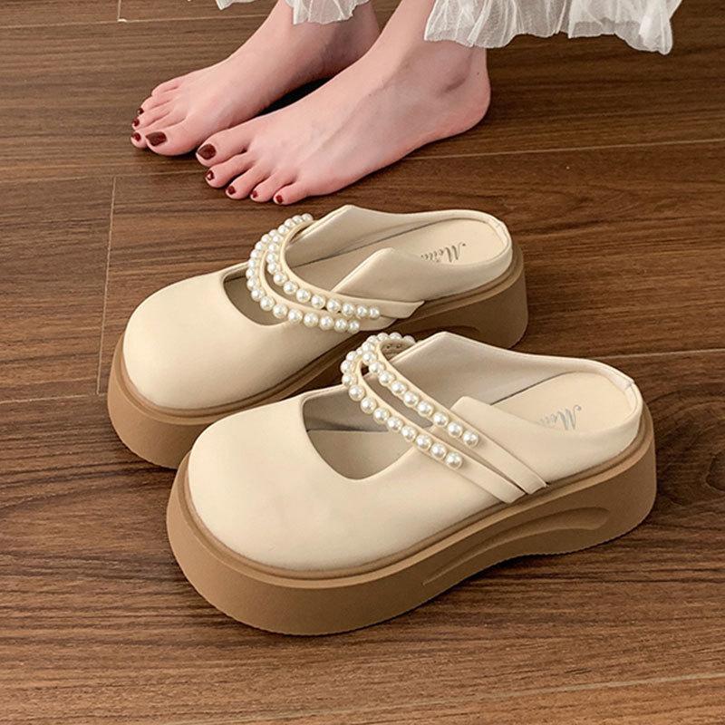 Pärlfranska Mary Jane-skor med tjocksula och en rem, halvtofflor för kvinnor för vår och sommar, ytterkläder 2025 nya coola tofflor