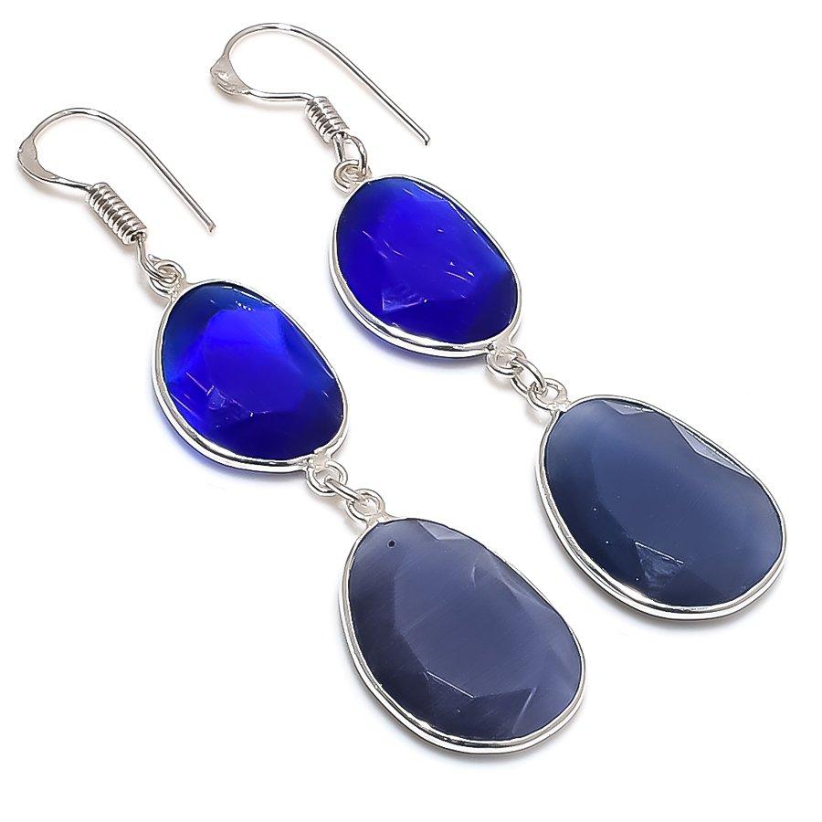 Blue Monalisa Gemstone Handmade 925 Sterling Silver Jewelry Earring 2.56" GK-6425