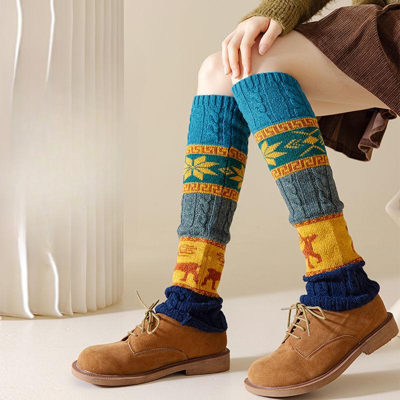 Wool Leg Warmer Socks Twisted Pattern Autumn Winter Deer Snowflake Slouchy Calf Knitted Warm Knee Protector Over-the-knee Socks
