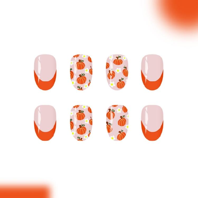 Orange Kürbis Press-On Nägel 24 Stück Herbstliches Blumendesign Französische Maniküre Sofort tragbar